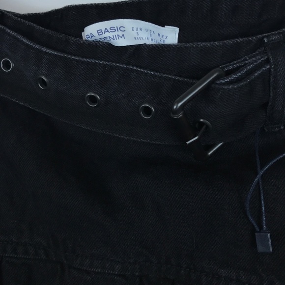 NWOT Zara Black Denim Raw Hem Belted Mini Skirt Size Small - Picture 8 of 8